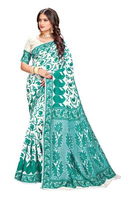 Turquoise woven cotton saree with blouse 1