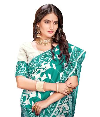 Turquoise woven cotton saree with blouse 4