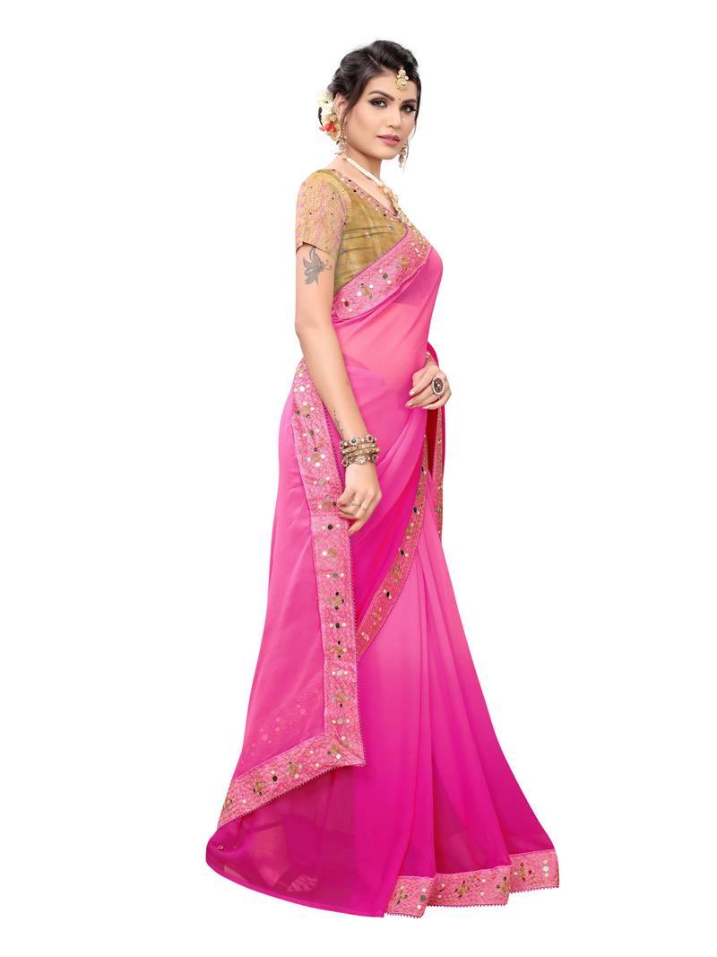 Pink Embroidered Georgette Sarees with Unstitched Blouse