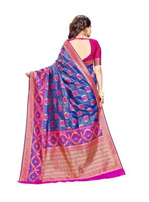 Blue woven banarasi silk saree with blouse 3