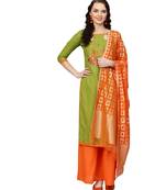 Women's Cotton Mehndi Green & Orange Embroidered Unstitched Salwar Suit Dress Material With Dupatta
