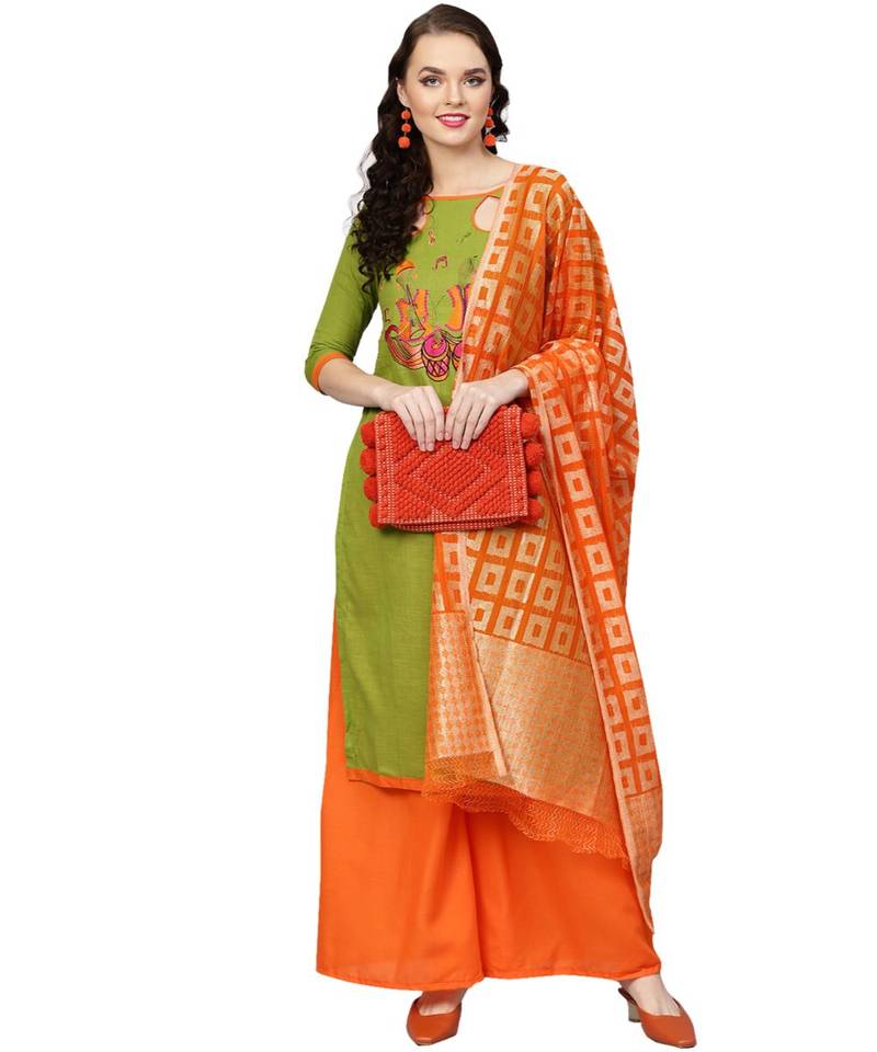 Women's Cotton Mehndi Green & Orange Embroidered Unstitched Salwar Suit Dress Material With Dupatta