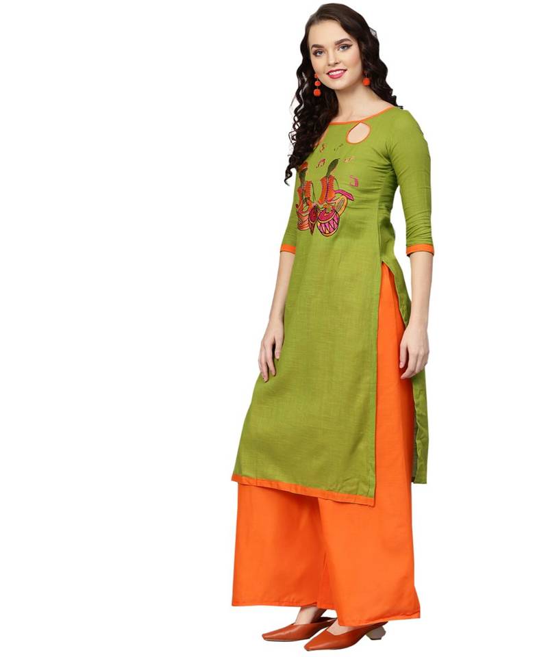 Women's Cotton Mehndi Green & Orange Embroidered Unstitched Salwar Suit Dress Material With Dupatta