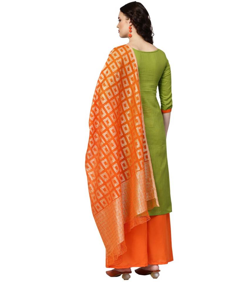 Women's Cotton Mehndi Green & Orange Embroidered Unstitched Salwar Suit Dress Material With Dupatta