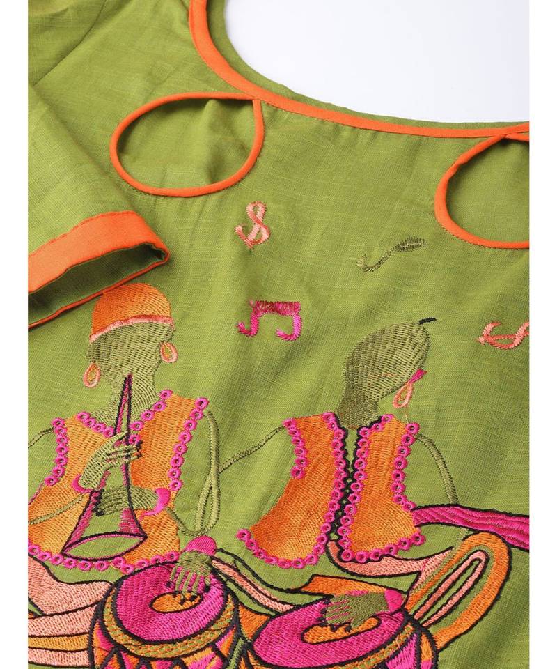 Women's Cotton Mehndi Green & Orange Embroidered Unstitched Salwar Suit Dress Material With Dupatta