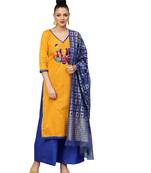 Women's Cotton Mustard Yellow & Navy Blue Embroidered Unstitched Salwar Suit Dress Material With Dupatta