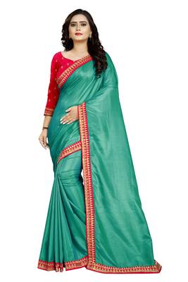 Turquoise embroidered raw silk saree with blouse 1