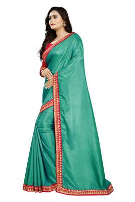 Turquoise embroidered raw silk saree with blouse 2