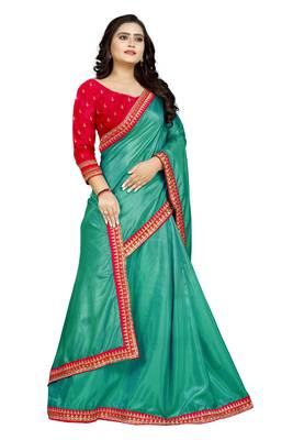 Turquoise embroidered raw silk saree with blouse 3