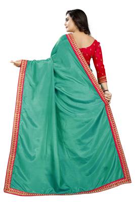 Turquoise embroidered raw silk saree with blouse 4