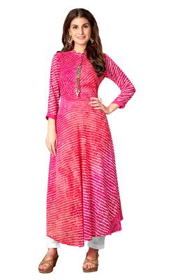 Kimisha Pink Chiffon Full Stitched Laheria Print Anarkali Kurti 1