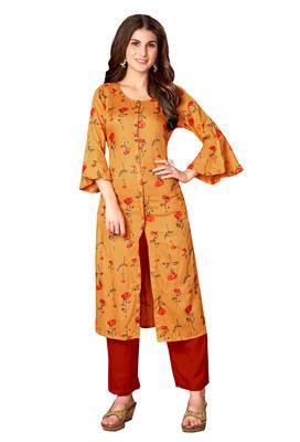 Mustard Yellow Rayon Cotton Printed Straight Kurta (Full Stitched) 1