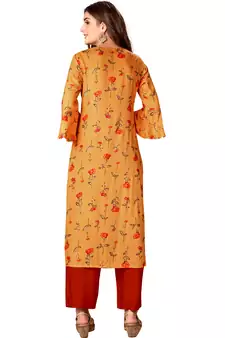 Mustard Yellow Rayon Cotton Printed Straight Kurta (Full Stitched)