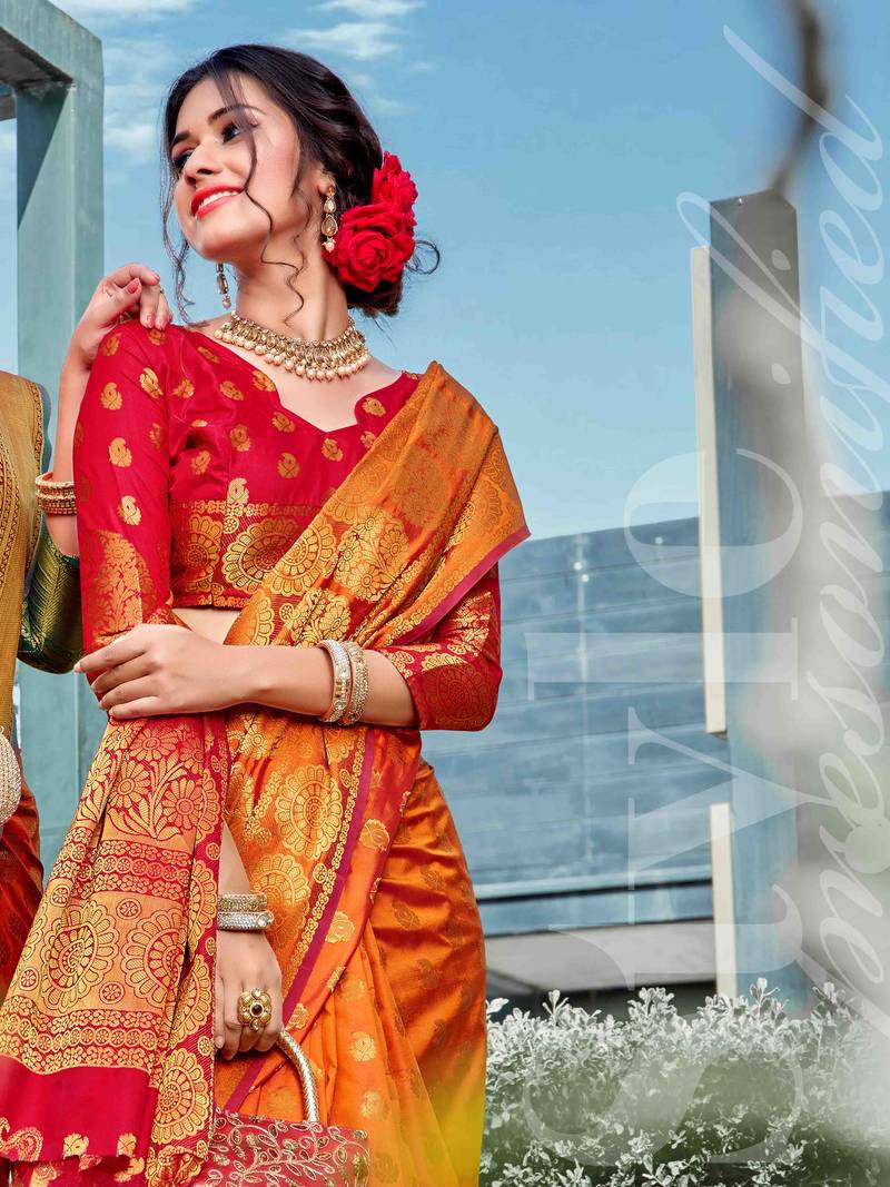 Turmeric Yellow Silk Jacquard Work Traditional Saree Sangam Prints