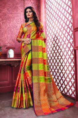 Multicolor Banarasi Pure Silk Checks Jacquard Work Traditional Saree 1