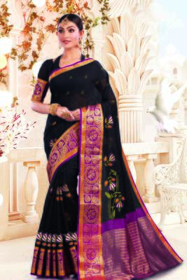 Black Cotton Embroidery Traditional Saree 1