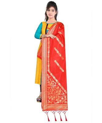 Women's  Red Banarasi Silk Jacquard Dupatta with Designer Laria 1