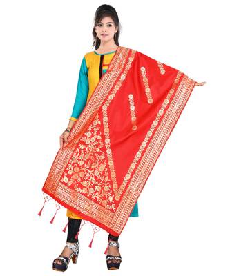 Women's  Red Banarasi Silk Jacquard Dupatta with Designer Laria 2