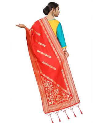 Women's  Red Banarasi Silk Jacquard Dupatta with Designer Laria 3