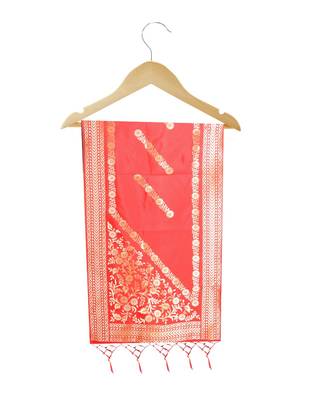 Women's  Red Banarasi Silk Jacquard Dupatta with Designer Laria 4