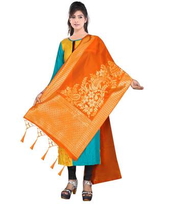Women's  Orange Banarasi Silk Jacquard Dupatta with Designer Laria 2