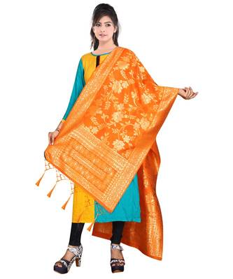 Women's  Orange Banarasi Silk Jacquard Dupatta with Designer Laria 2