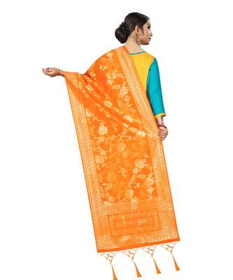 Women's  Orange Banarasi Silk Jacquard Dupatta with Designer Laria 3