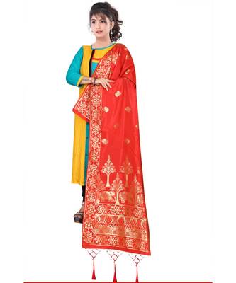 Women's  Red Banarasi Silk Jacquard Dupatta with Designer Laria 1