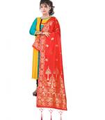 Women's  Red Banarasi Silk Jacquard Dupatta with Designer Laria
