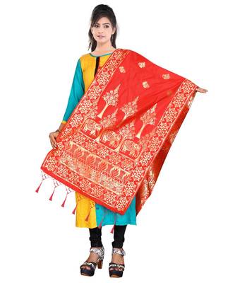 Women's  Red Banarasi Silk Jacquard Dupatta with Designer Laria 2