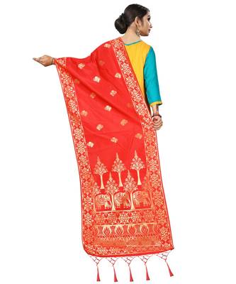 Women's  Red Banarasi Silk Jacquard Dupatta with Designer Laria 3