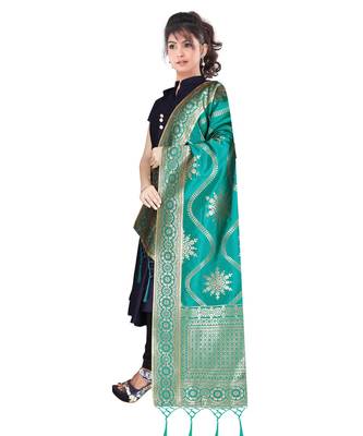 Women's  Rama Green Banarasi Silk Jacquard Dupatta with Designer Laria 1