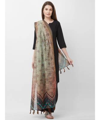 Grey Printed Chanderi Silk Dupatta for women 4