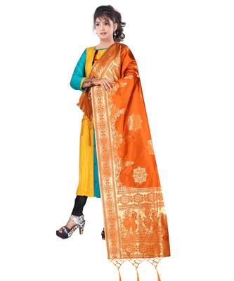 Women's  Orange Banarasi Silk Jacquard Dupatta with Designer Laria 1