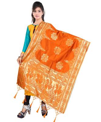Women's  Orange Banarasi Silk Jacquard Dupatta with Designer Laria 2