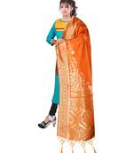 Women's  Orange Banarasi Silk Jacquard Dupatta with Designer Laria