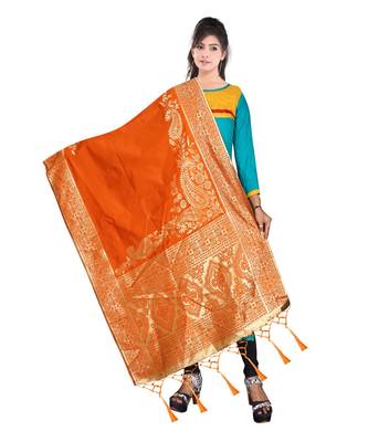 Women's  Orange Banarasi Silk Jacquard Dupatta with Designer Laria 2
