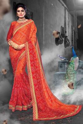 Orange & Red Chiffon Heavy Jacquard Work Traditional Saree 1