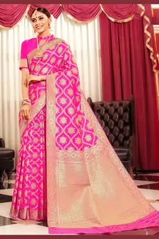 Rani Pink Banarasi Silk Floral Zari Work Traditional Saree
