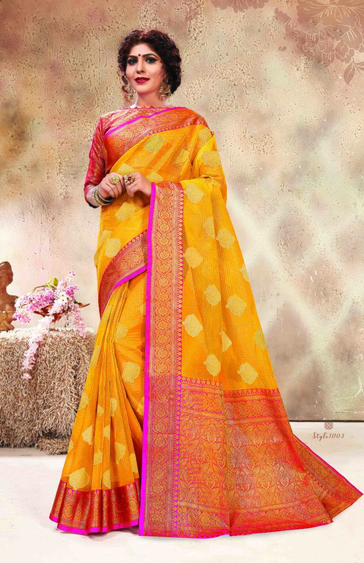 Yellow Banarasi Kora Silk Jacquard Work Traditional Saree Sangam