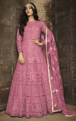 Pink embroidered net Anarkali suit 1