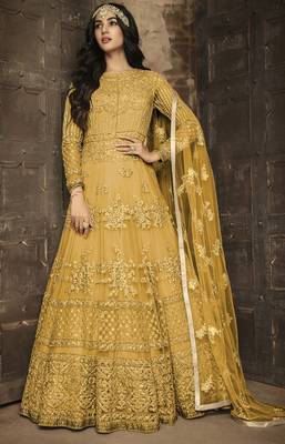 Mustard embroidered net semi stitched salwar with dupatta 1