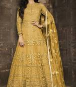 Mustard embroidered net semi stitched salwar with dupatta