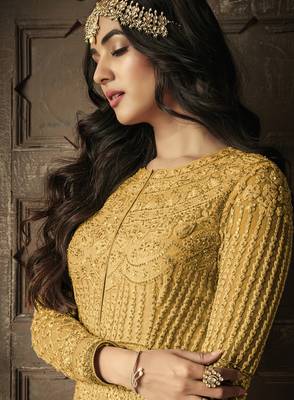 Mustard embroidered net semi stitched salwar with dupatta 2