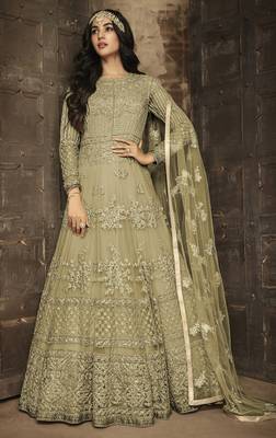Green embroidered net semi stitched salwar with dupatta 1