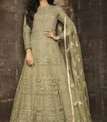 Green embroidered net semi stitched salwar with dupatta