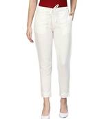 Women's Cotton Off White Solid Cropped Cigarette Trousers