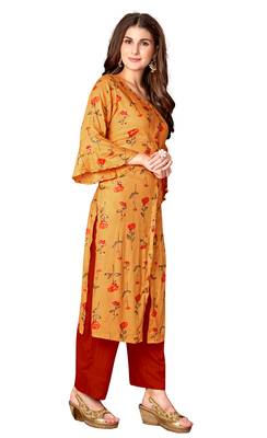 Mustard Yellow Rayon Cotton Printed Straight Kurta (Full Stitched) 4