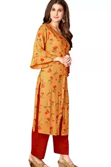 Mustard Yellow Rayon Cotton Printed Straight Kurta (Full Stitched)