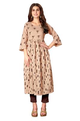 Kimisha Women's Beige Casual Wear Cotton Slub Printed Anarkali Style Pleated Kurti 1